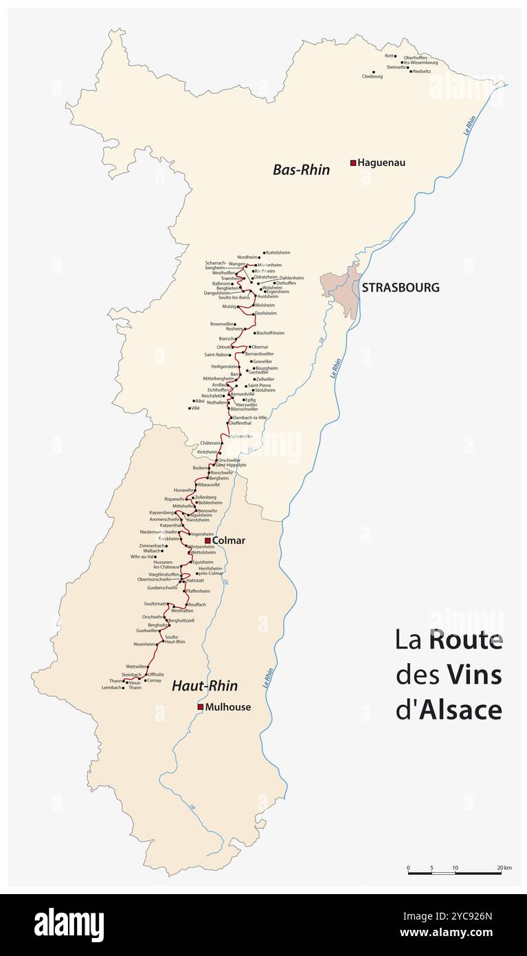 Mappa vettoriale della strada del vino dell'Alsazia, Francia, Europa Foto Stock