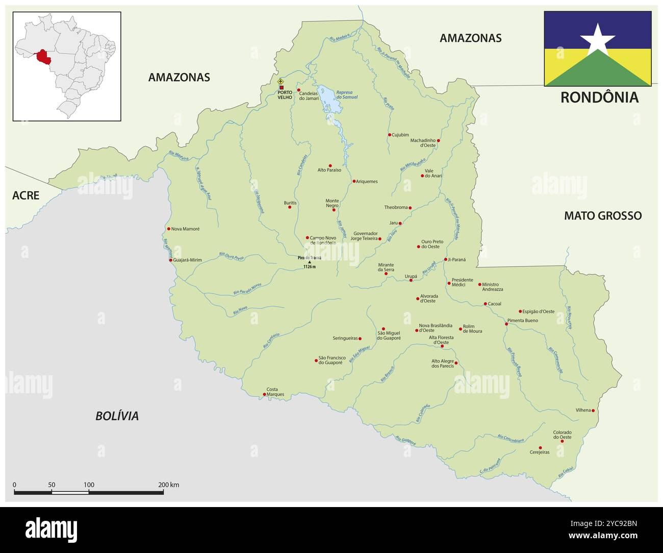 Mappa dello stato brasiliano di Rondonia Foto Stock