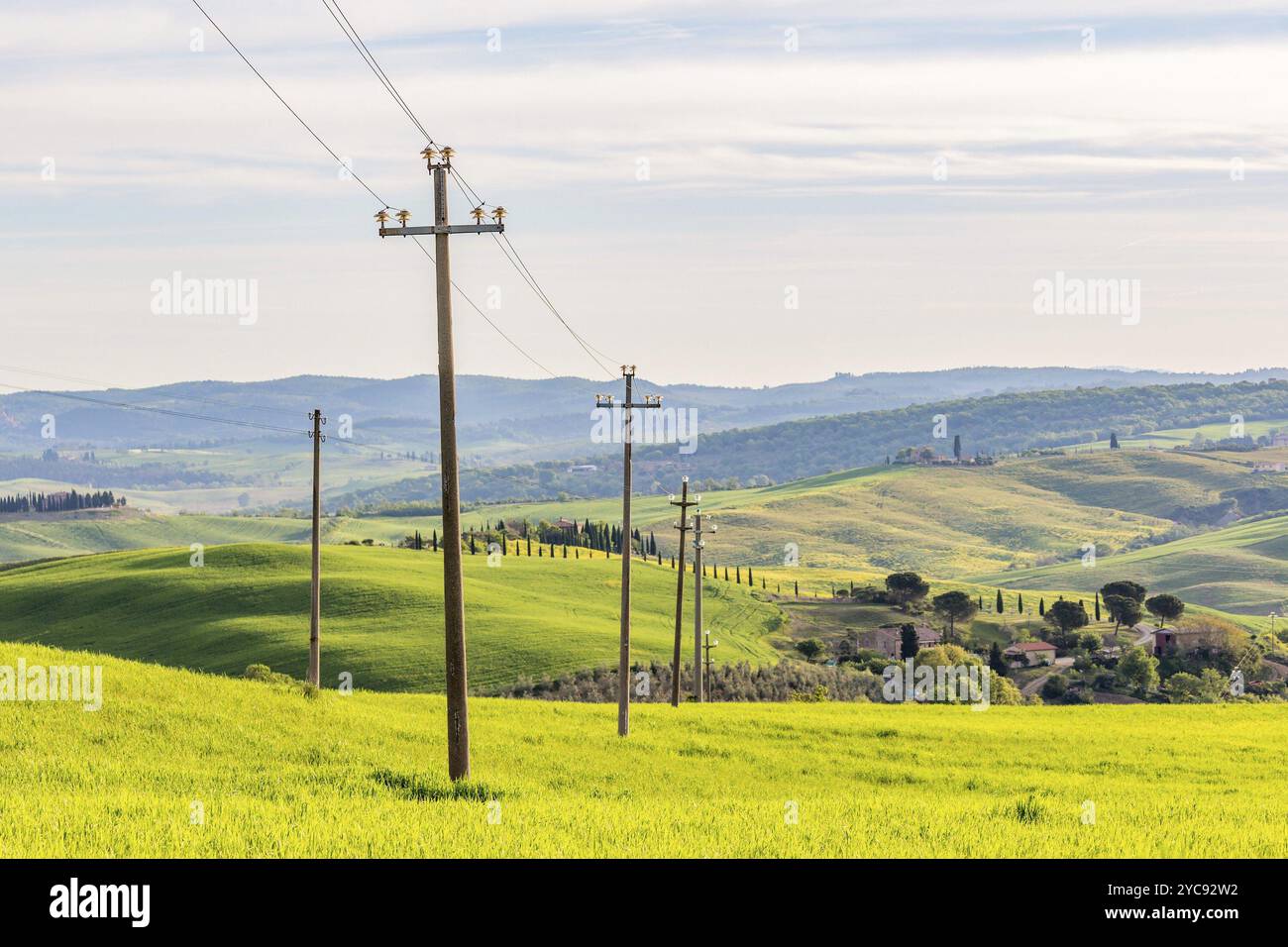 La linea di alimentazione in un campo in un paesaggio rurale Foto Stock