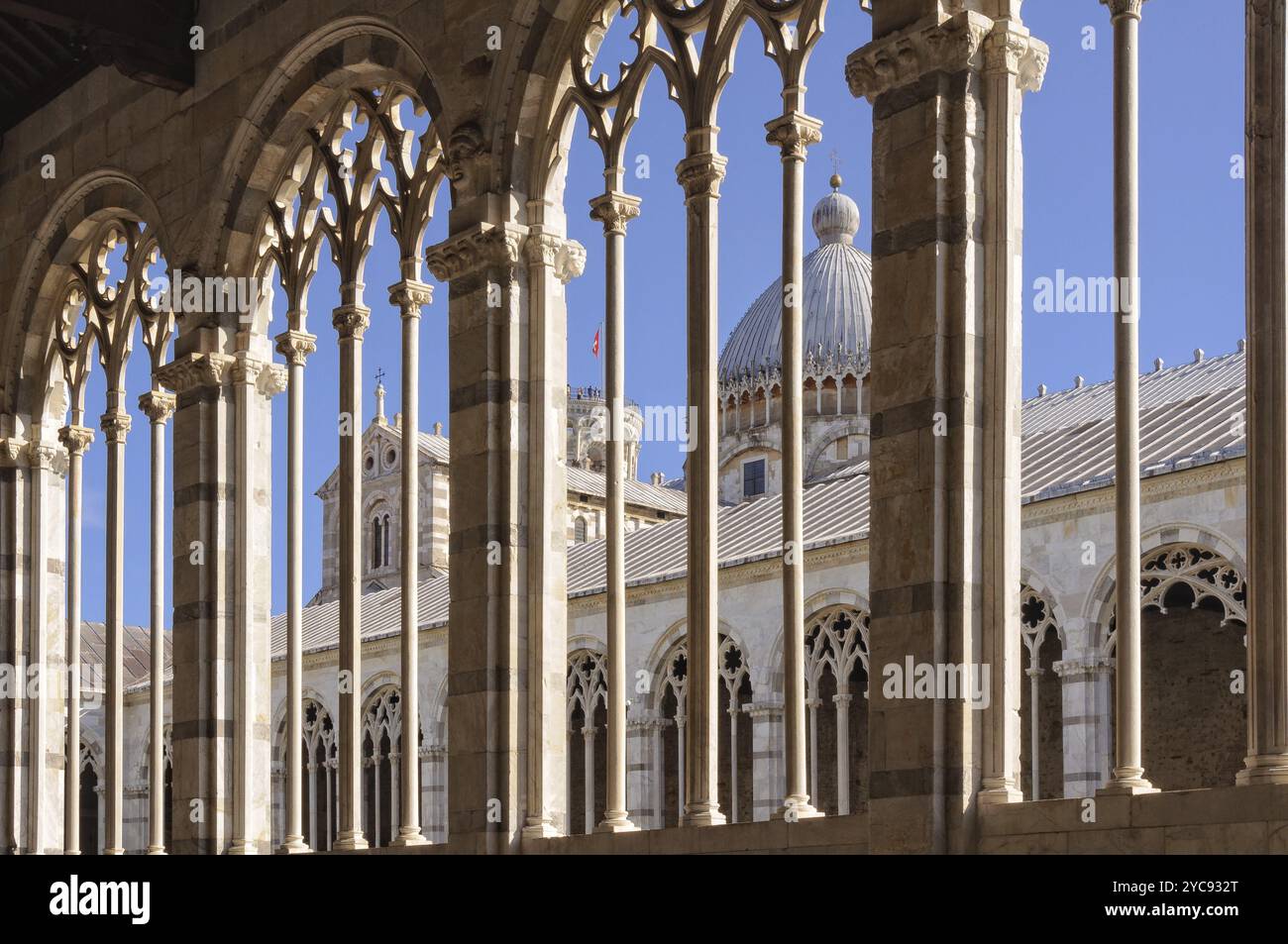 Il tetto e la cupola del Duomo visti attraverso le finestre tracciate di Camposanto, Pisa, Toscana, Italia, Europa Foto Stock