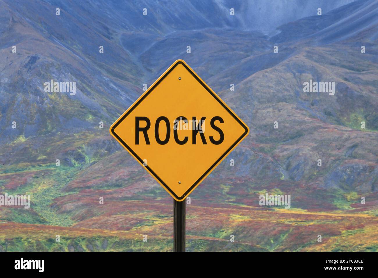 Segnale di avvertimento per la caduta di rocce Foto Stock