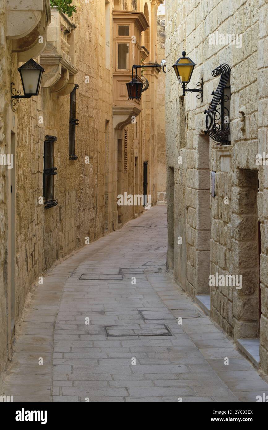 Uno stretto vicolo tortuoso della città silenziosa, Mdina, Malta, Europa Foto Stock