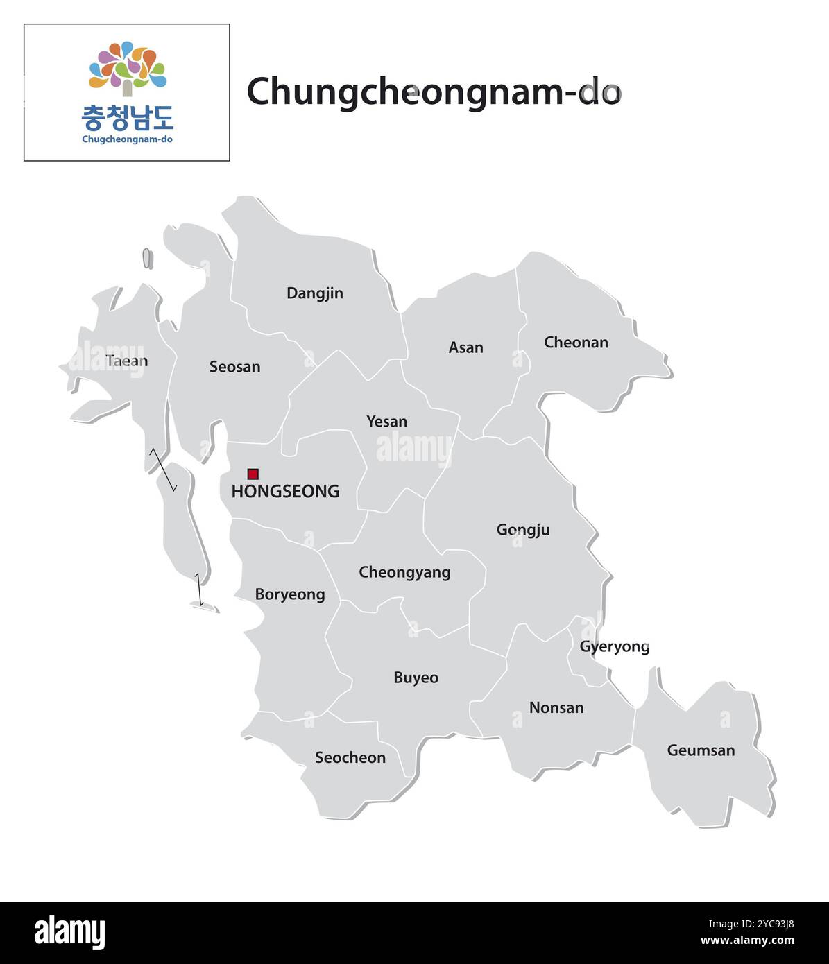 Mappa amministrativa vettoriale della provincia sudcoreana di Chungcheong Sud con bandiera Foto Stock