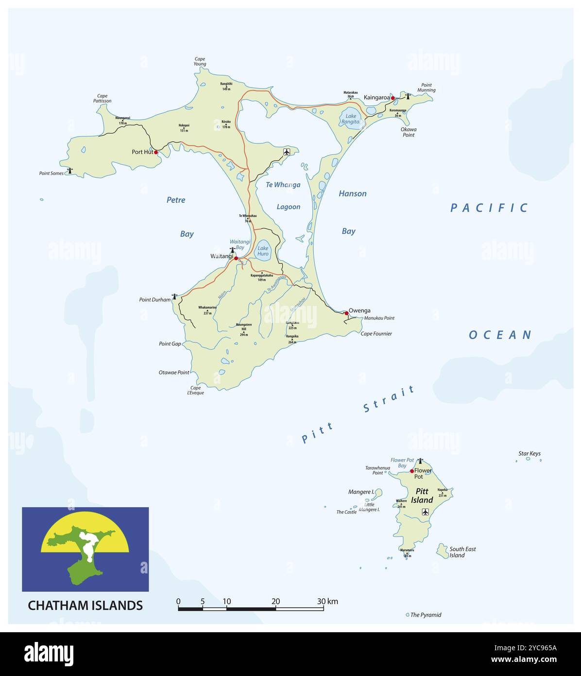 Mappa vettoriale dell'arcipelago neozelandese Isole Chatham con bandiera Foto Stock