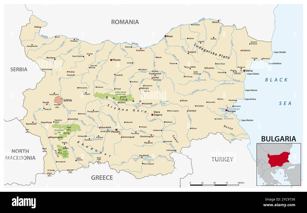 Mappa vettoriale del paese dell'Europa sudorientale della Bulgaria Foto Stock