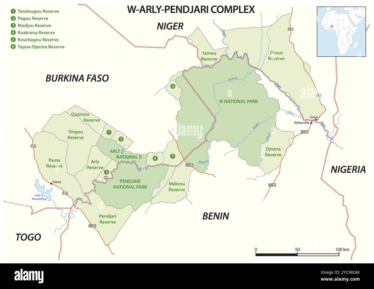 Mappa dell'area di conservazione transfrontaliera W Arly Pendjari, Benin, Niger, Burkina Faso, Africa Foto Stock