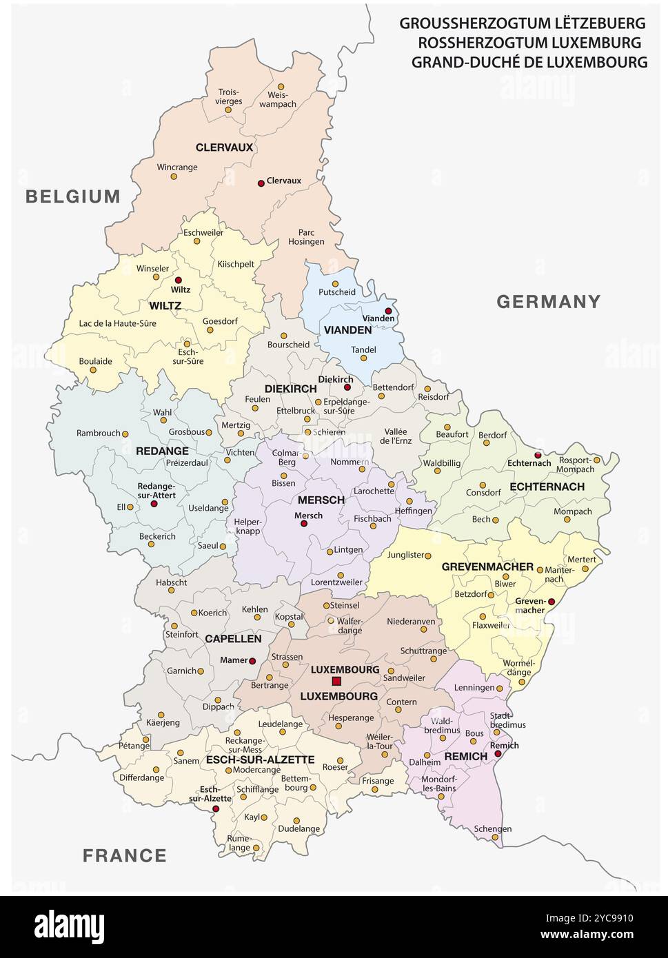 Mappa vettoriale amministrativa e politica Granducato di Lussemburgo Foto Stock