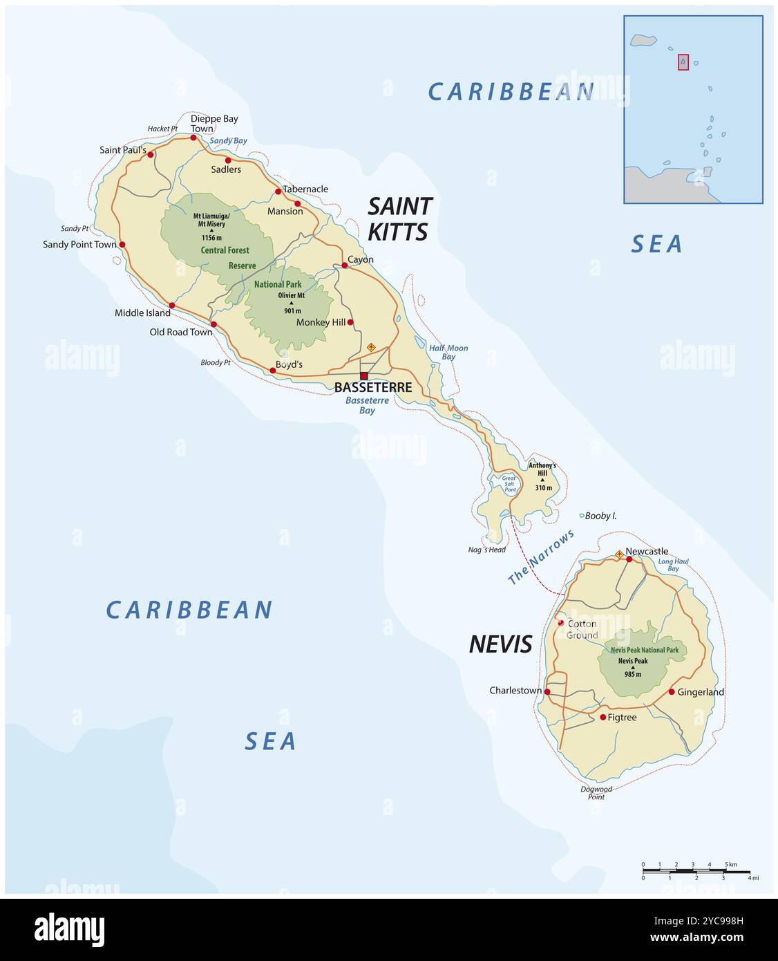 Mappa stradale di Saint kitts e nevis vettoriale Foto Stock