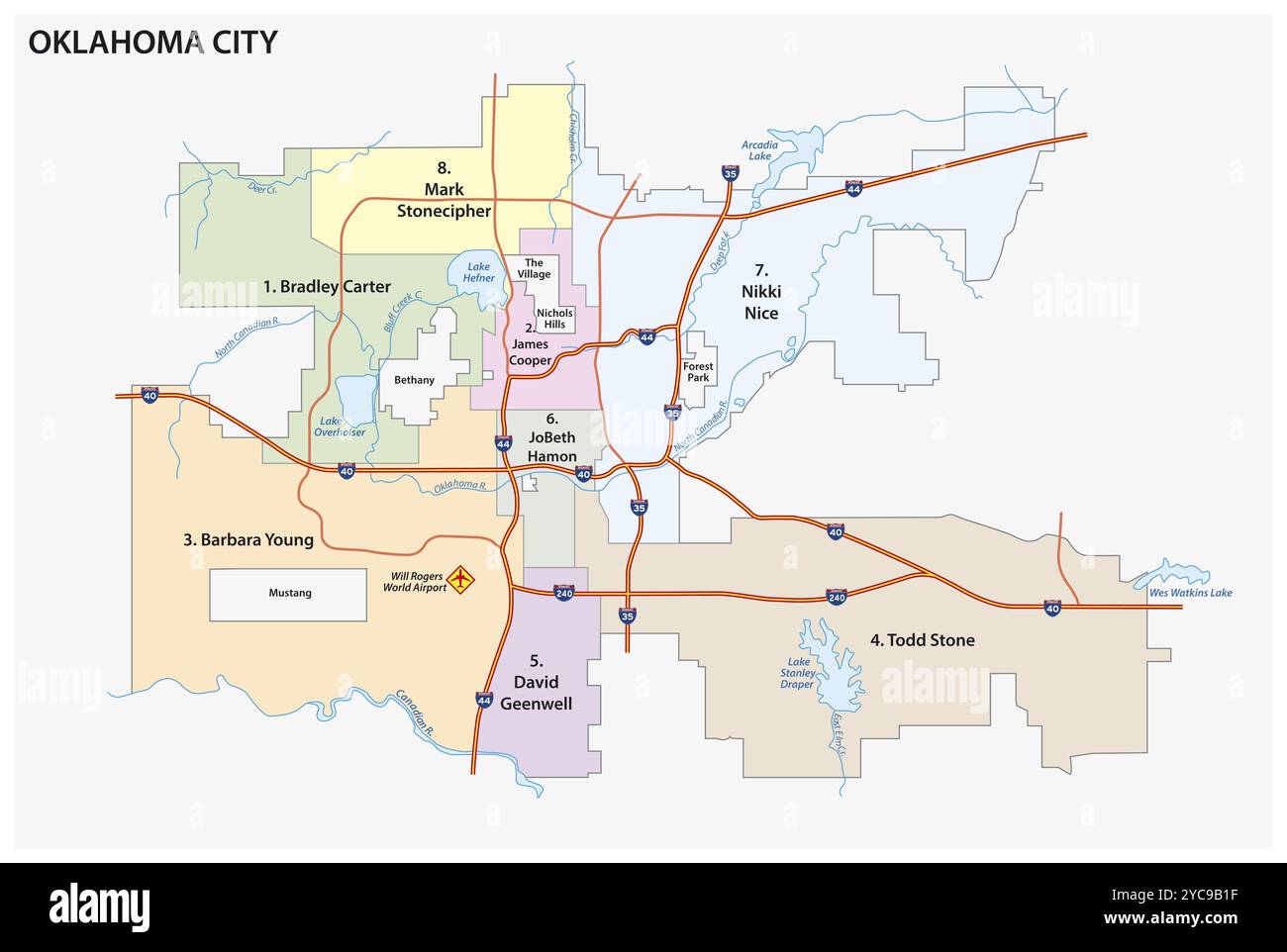 Mappa stradale e amministrativa vettoriale di Oklahoma City, Stati Uniti, Nord America Foto Stock