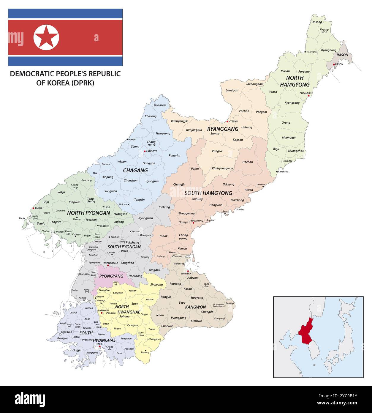 Mappa vettoriale amministrativa della Repubblica popolare Democratica di Corea Foto Stock