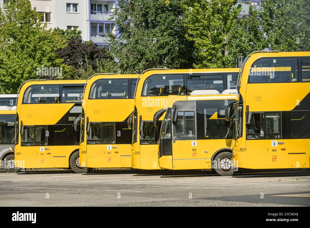 Busses, BVG Britz Depot, Gradestraße, Neukölln, Berlino, Germania, Busse, BVG Betriebshof Britz, Deutschland Foto Stock