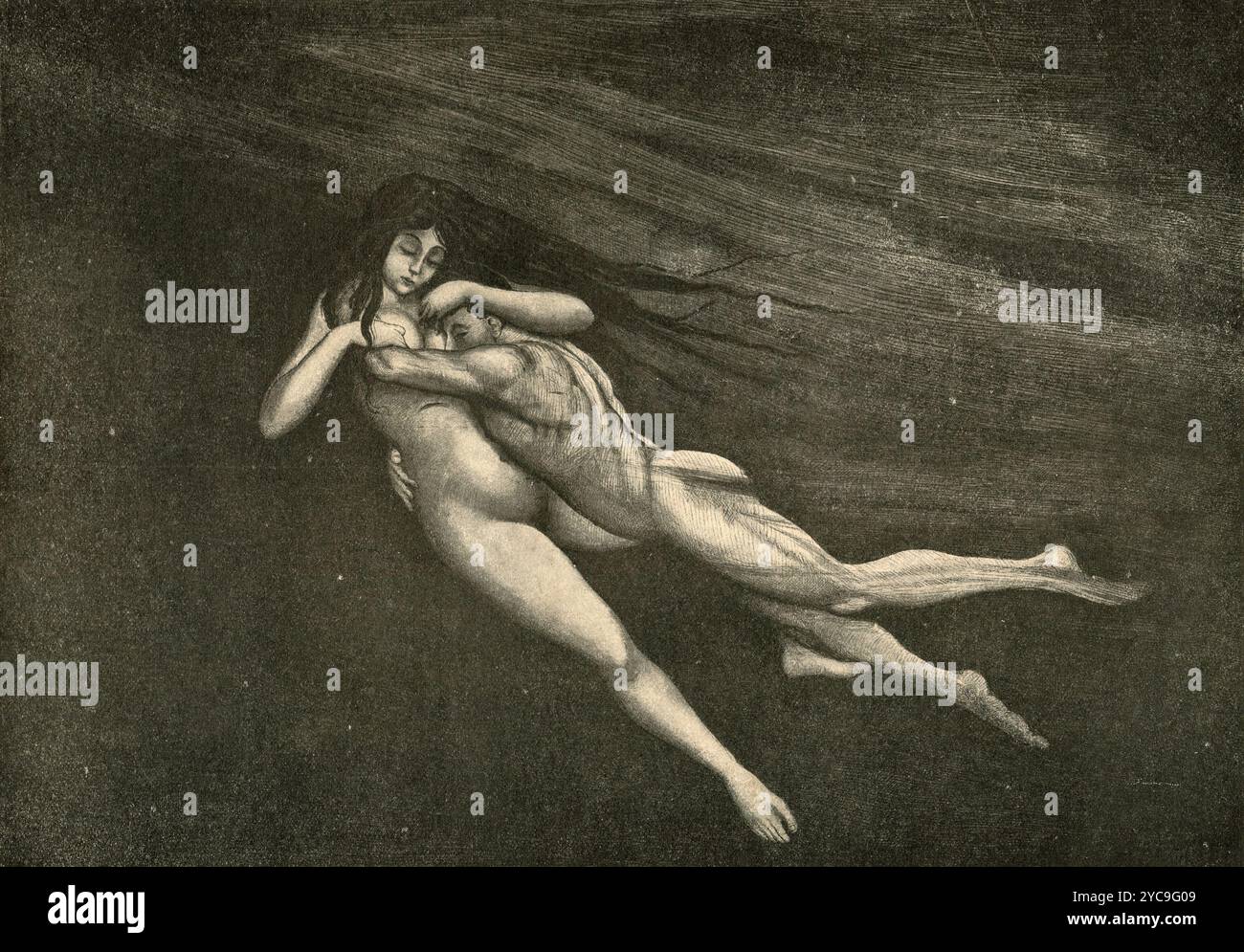 Il viaggio del poeta italiano Dante Alighieri attraverso l'aldilà, l'Inferno, 5° canto: I lusinghieri Paolo e Francesca, illustrazione dell'artista Manfredo Manfredini, anni '1900 Foto Stock