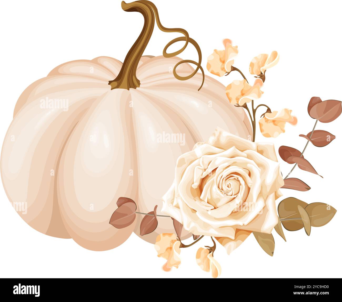 Un elegante bouquet autunnale caratterizzato da una zucca beige e una grande rosa color crema, circondato da delicati fogliame autunnali. Vettore. Illustrazione Vettoriale