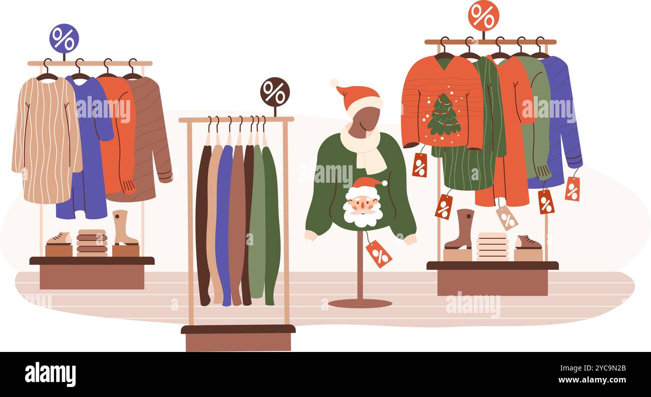 Saldi moda per l'anno nuovo. Negozio interno per lo shopping natalizio. Abiti alla moda su appendiabiti e scarpe e manichino in brutto maglione natalizio con Babbo Natale. Vect Illustrazione Vettoriale