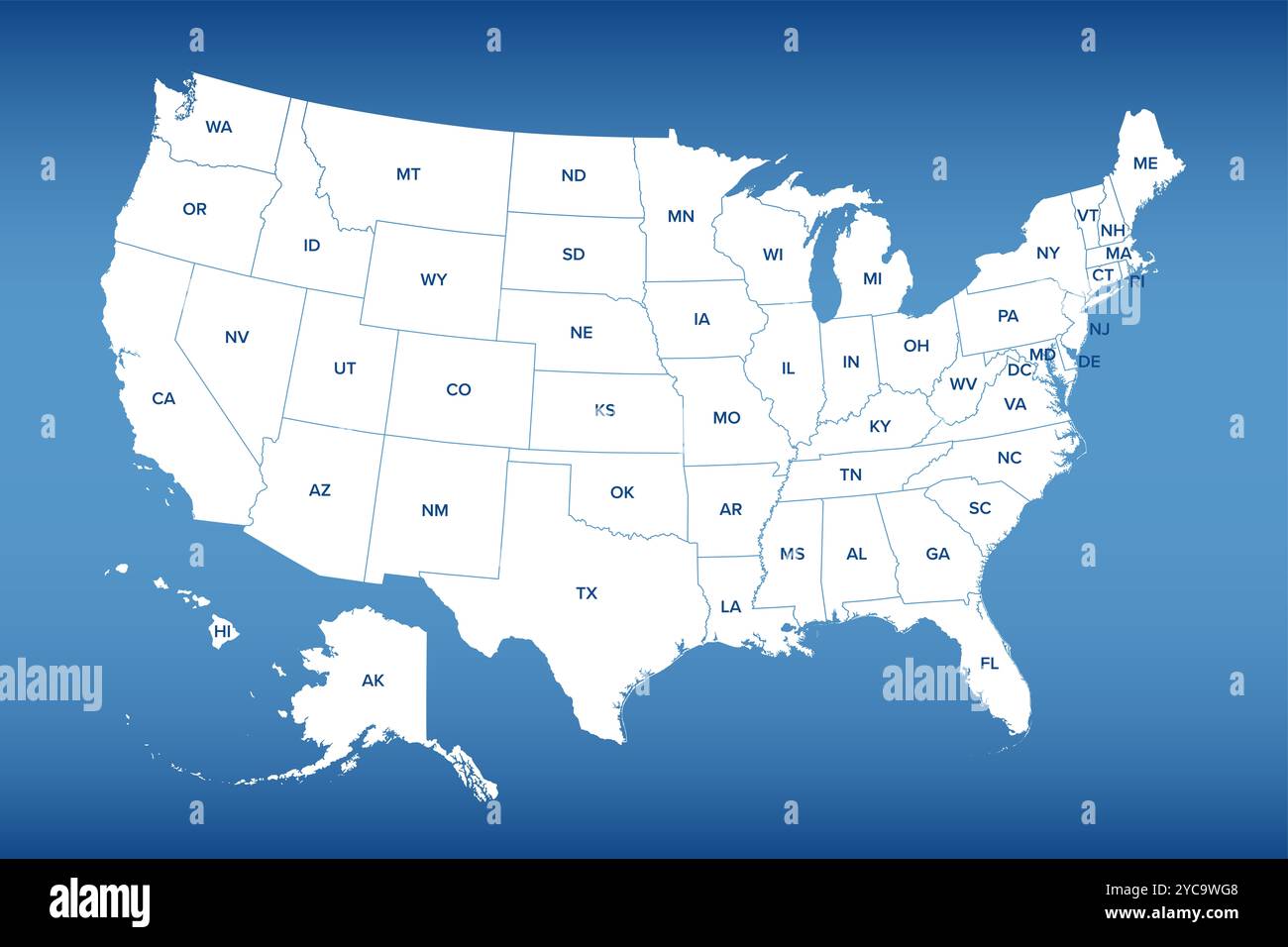 Gli Stati Uniti d'America, mappa politica blu. Mappa con sagome dei cinquanta stati e abbreviazioni postali, e con Washington DC. Foto Stock