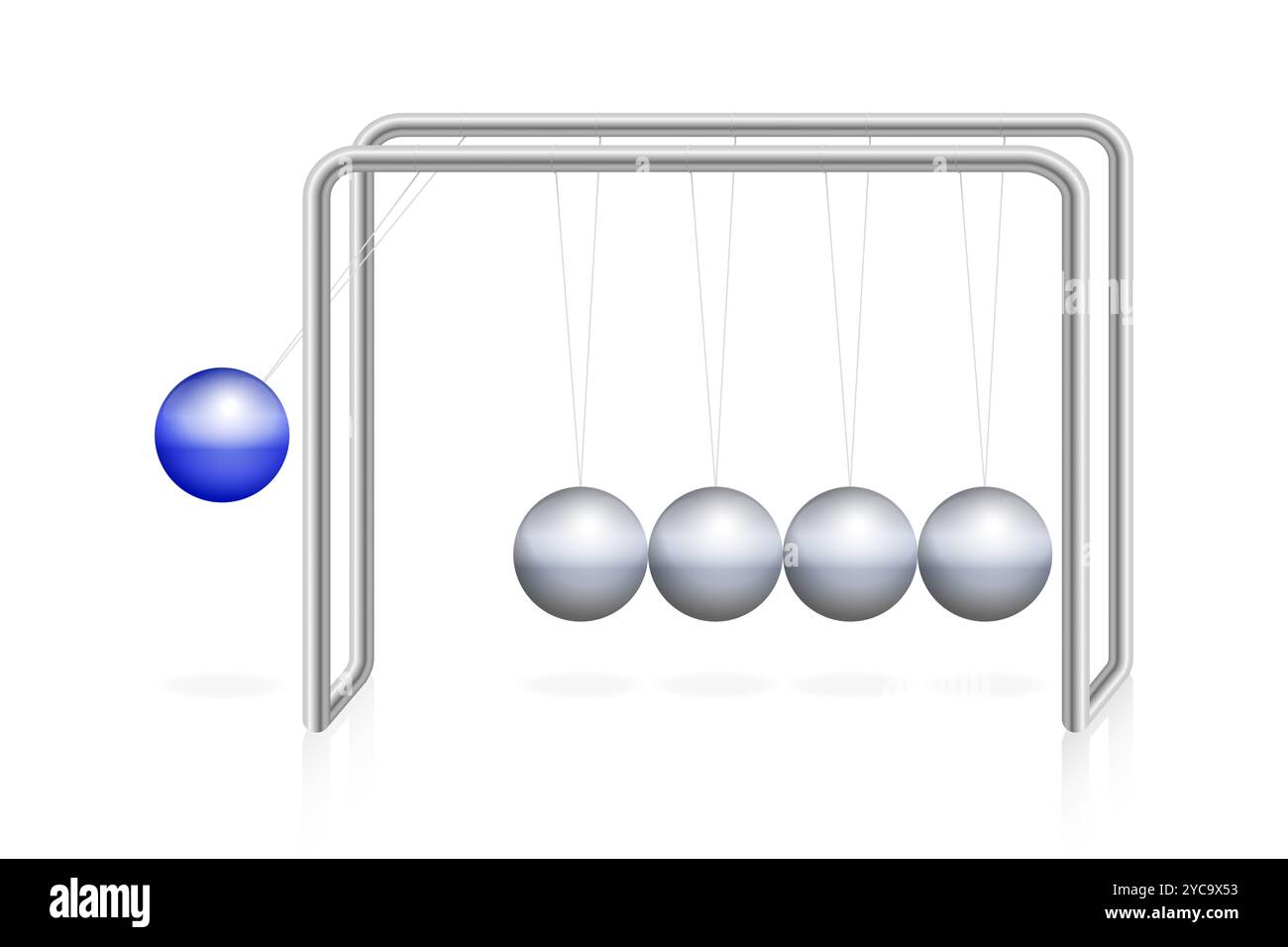 La culla di Newton con sfera blu sul telaio con sfere metalliche, dimostrando i principi di conservazione del momento e dell'energia in fisica. Foto Stock