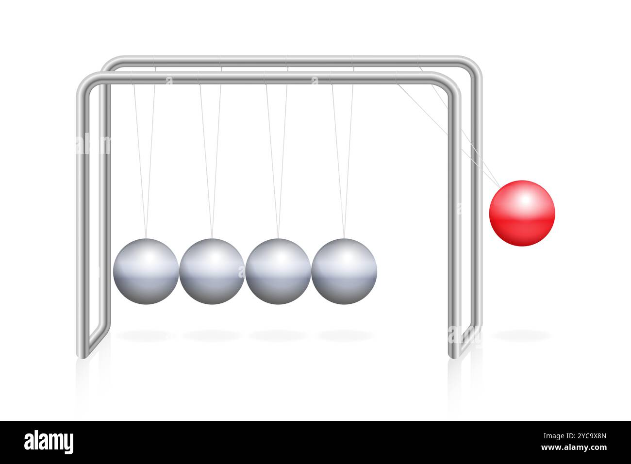 La culla di Newton con la sfera rossa sul telaio con sfere di metallo, dimostrando i principi di conservazione del momento e dell'energia in fisica. Foto Stock