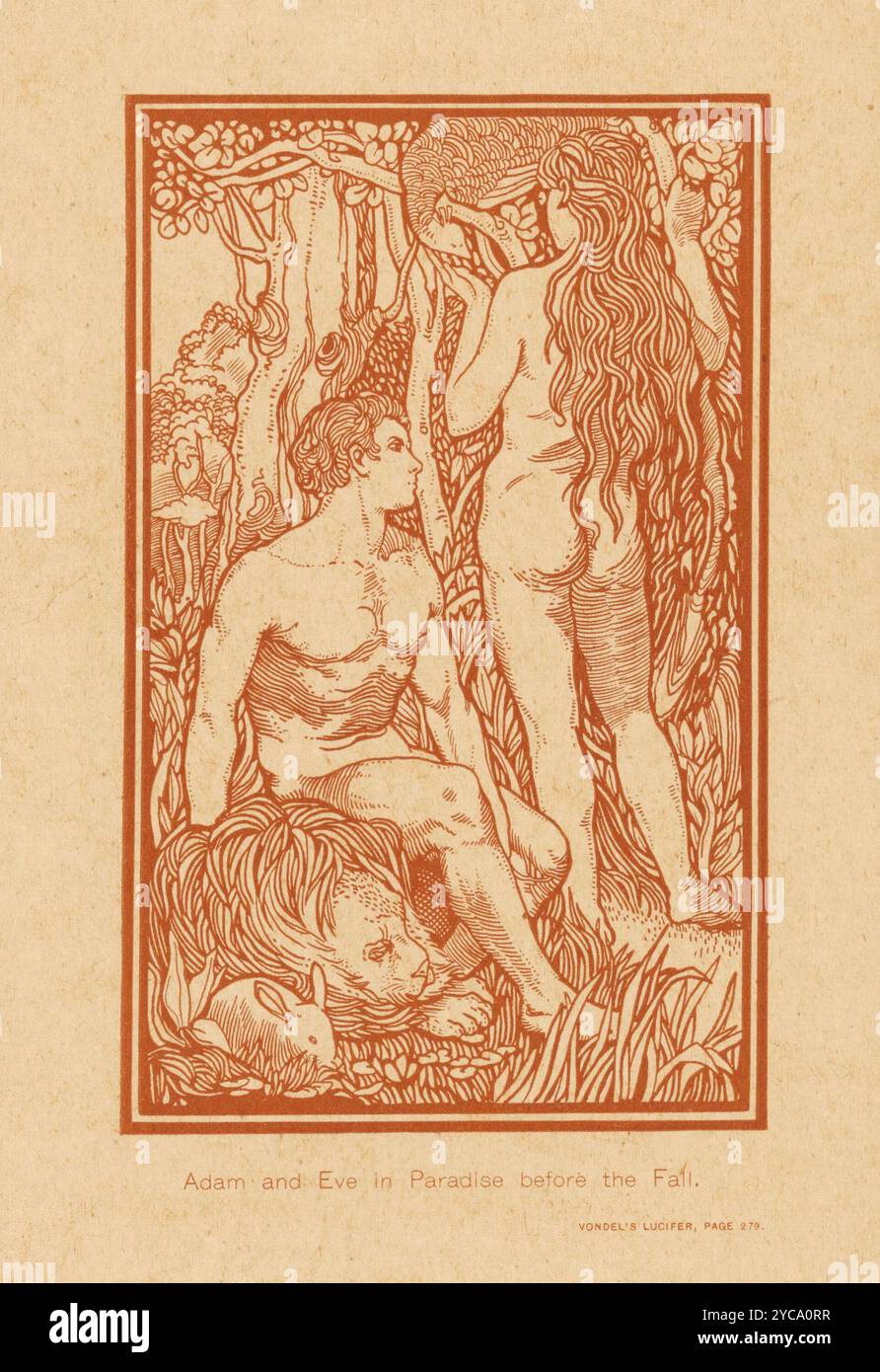 Adamo ed Eva in Paradiso prima dell'autunno 1898, illustrazione del libro, Lucifero di Vondel, pagina 279 - stampato da Johannes Josephus Aartsuitgever Foto Stock