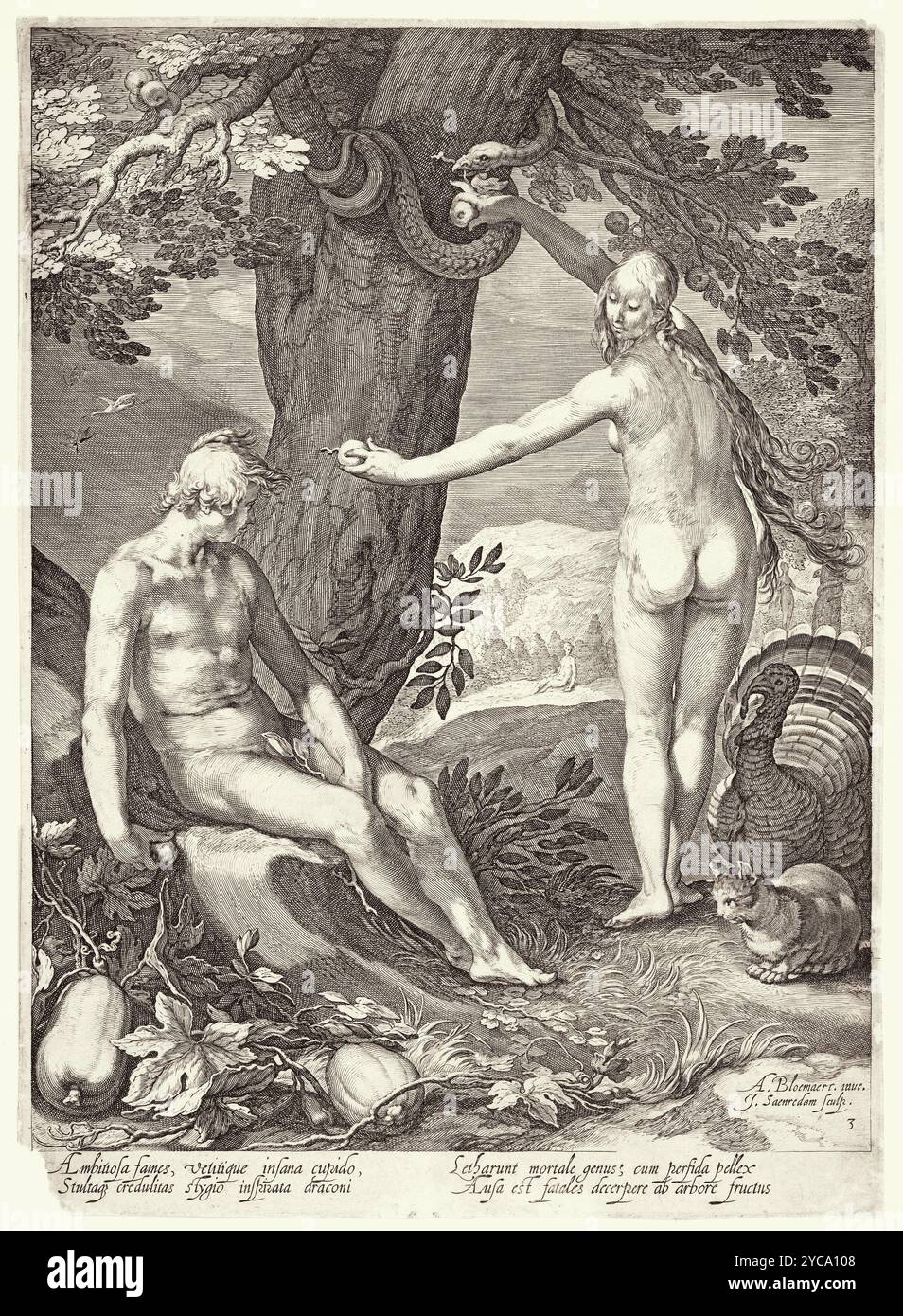 Eva che dà ad Adamo il frutto Proibito; da "la storia di Adamo ed Eva" incisione - Abraham Bloemaert (1564–1651) Jan Saenredam (1565–1607) - colore corretto Foto Stock