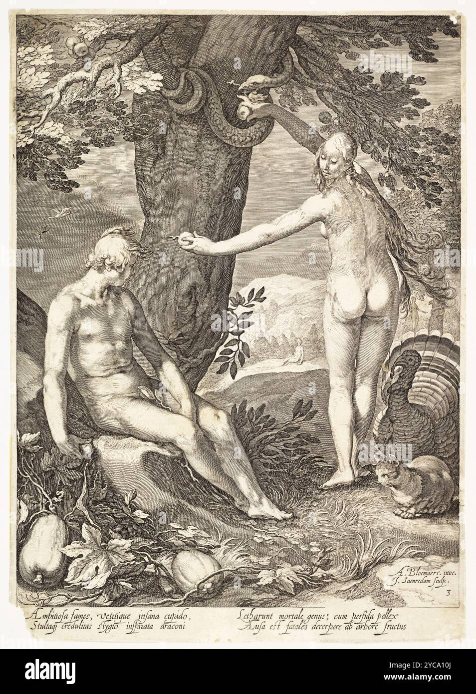 Eva che dà ad Adamo il frutto Proibito; dalla storia di Adamo ed Eva incisione - Abraham Bloemaert (1564–1651) Jan Saenredam (1565–1607) Foto Stock
