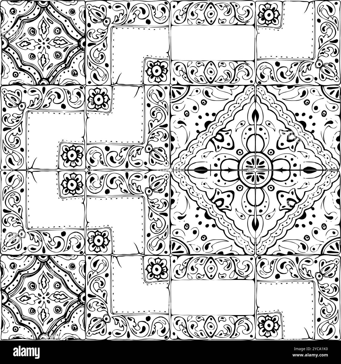 Mosaico messicano arabo mediterraneo marocchino, pavimento in piastrelle azulejo ornamento con vetri. Vettore di inchiostro disegnato a mano con motivo senza giunture isolato Illustrazione Vettoriale