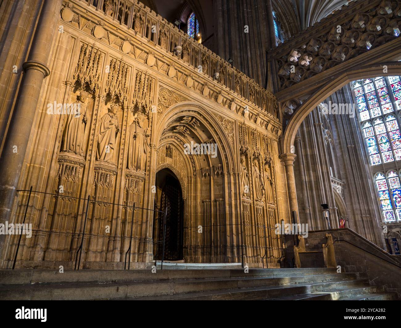 Schermo corale, Pulpitum, Cattedrale di Canturbery, Canterbury, Kent, Inghilterra, Regno Unito, Gran Bretagna. Foto Stock