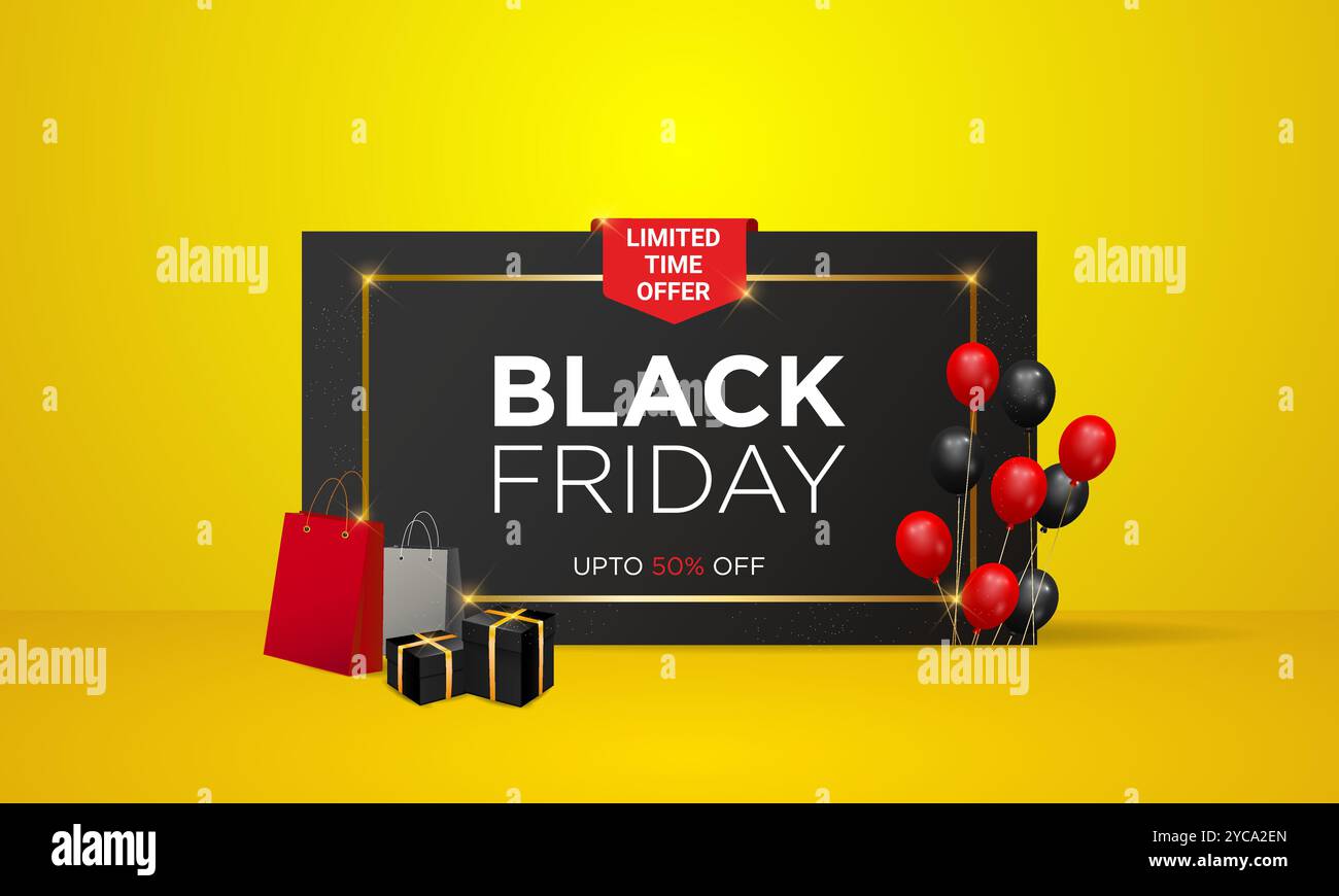 Black Friday sale Web Banner Design, offerta limitata nel tempo modello Black Friday sale Design, con stelle d'oro, palloncini, confezioni regalo e borse della spesa Illustrazione Vettoriale