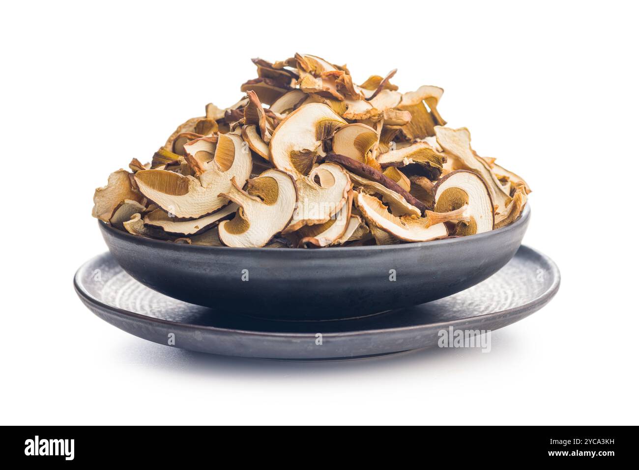 Funghi porcini secchi. Bolo a fette su piastra isolato su sfondo bianco. Foto Stock