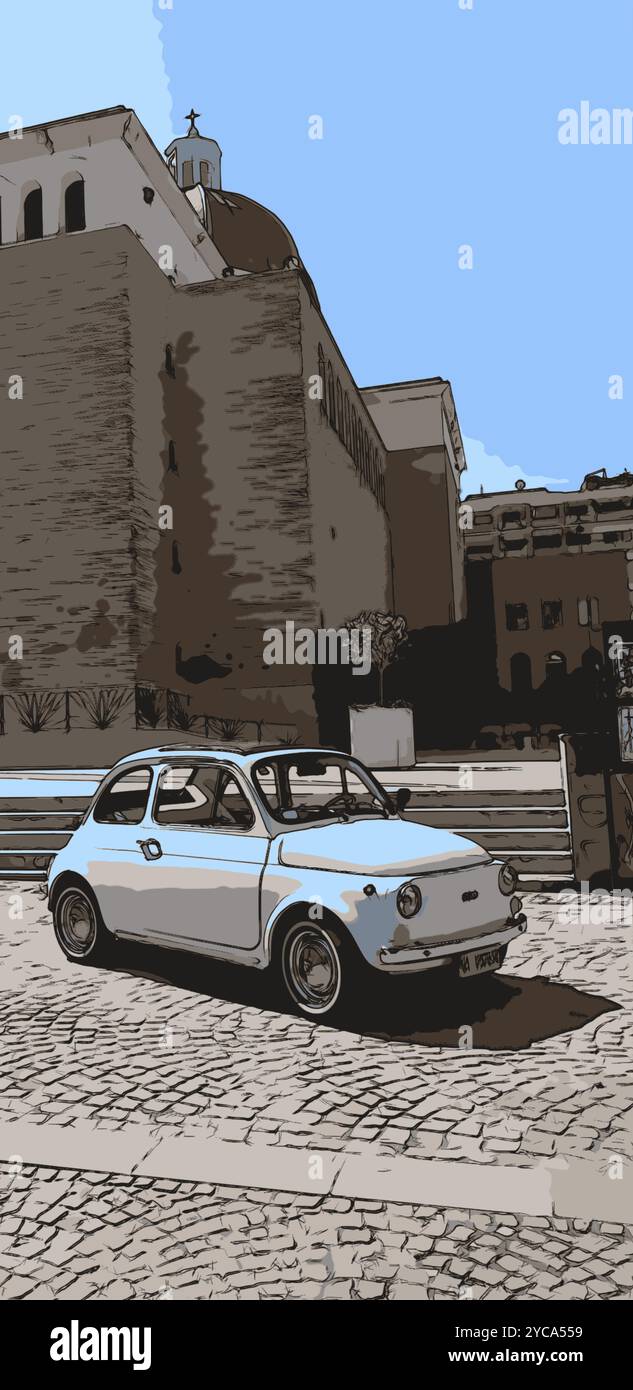 Un'auto d'epoca parcheggiata di fronte a una cattedrale di Napoli. Illustrazione Vettoriale