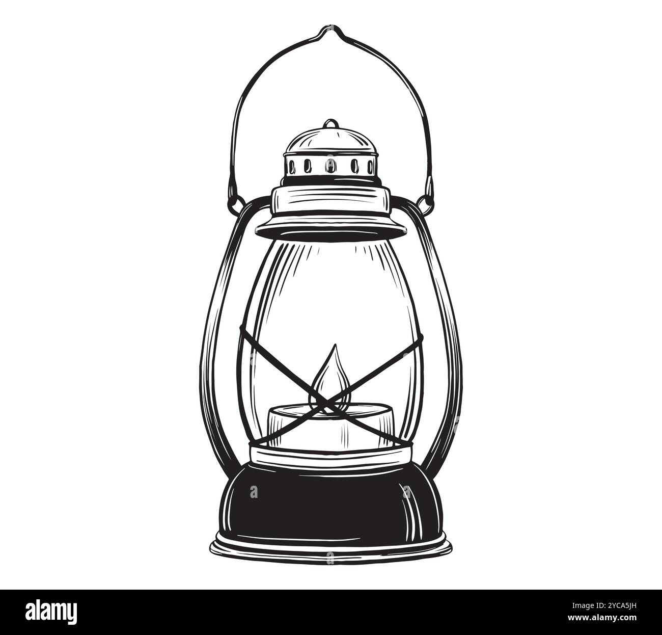 Lanterna al cherosene in stile doodle disegnato a mano. Lampada turistica illustrazione vettoriale in stile disegno lineare per l'avventura o il campeggio su sfondo isolato Illustrazione Vettoriale