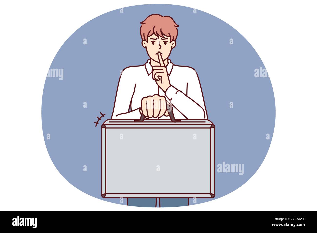 L'uomo d'affari tiene la valigia e chiede il silenzio senza rivelare i termini del contratto e le regole NDA per i dipendenti dell'azienda. Concetto di offrire tangenti o di vendere informazioni interne per scopi aziendali Illustrazione Vettoriale