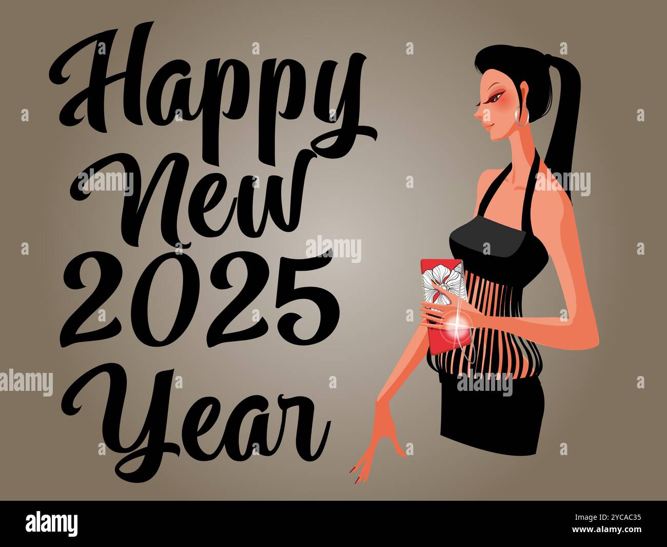 Donna con un mazzo di carte e le parole felice anno nuovo sono scritte in rosso. La donna indossa un vestito nero Illustrazione Vettoriale