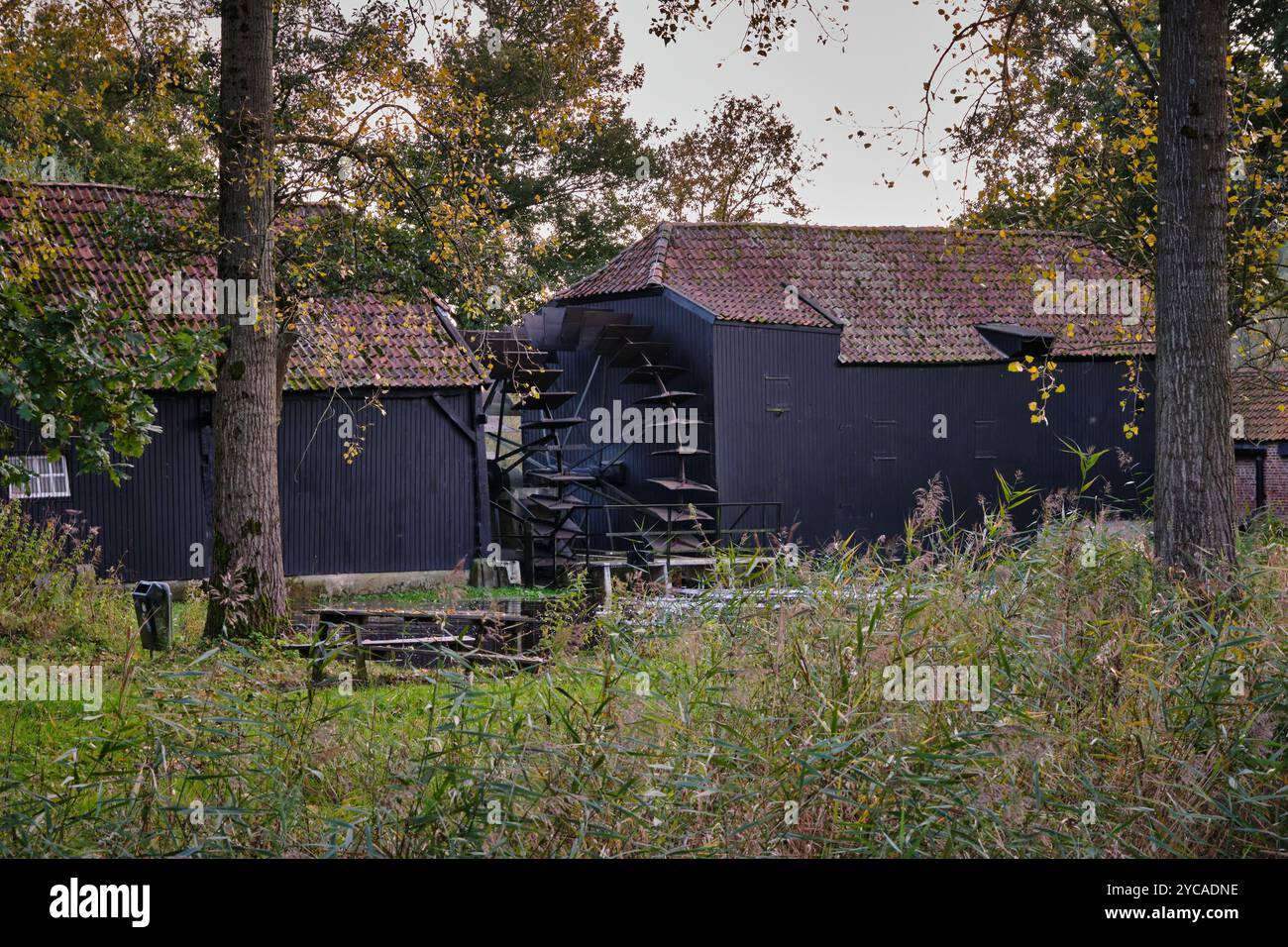 Lo storico mulino ad acqua di Collse, dipinto da Vincent van Gogh durante il suo periodo a Nuenen, mostra il patrimonio rurale olandese, con un suggestivo refle d'acqua Foto Stock