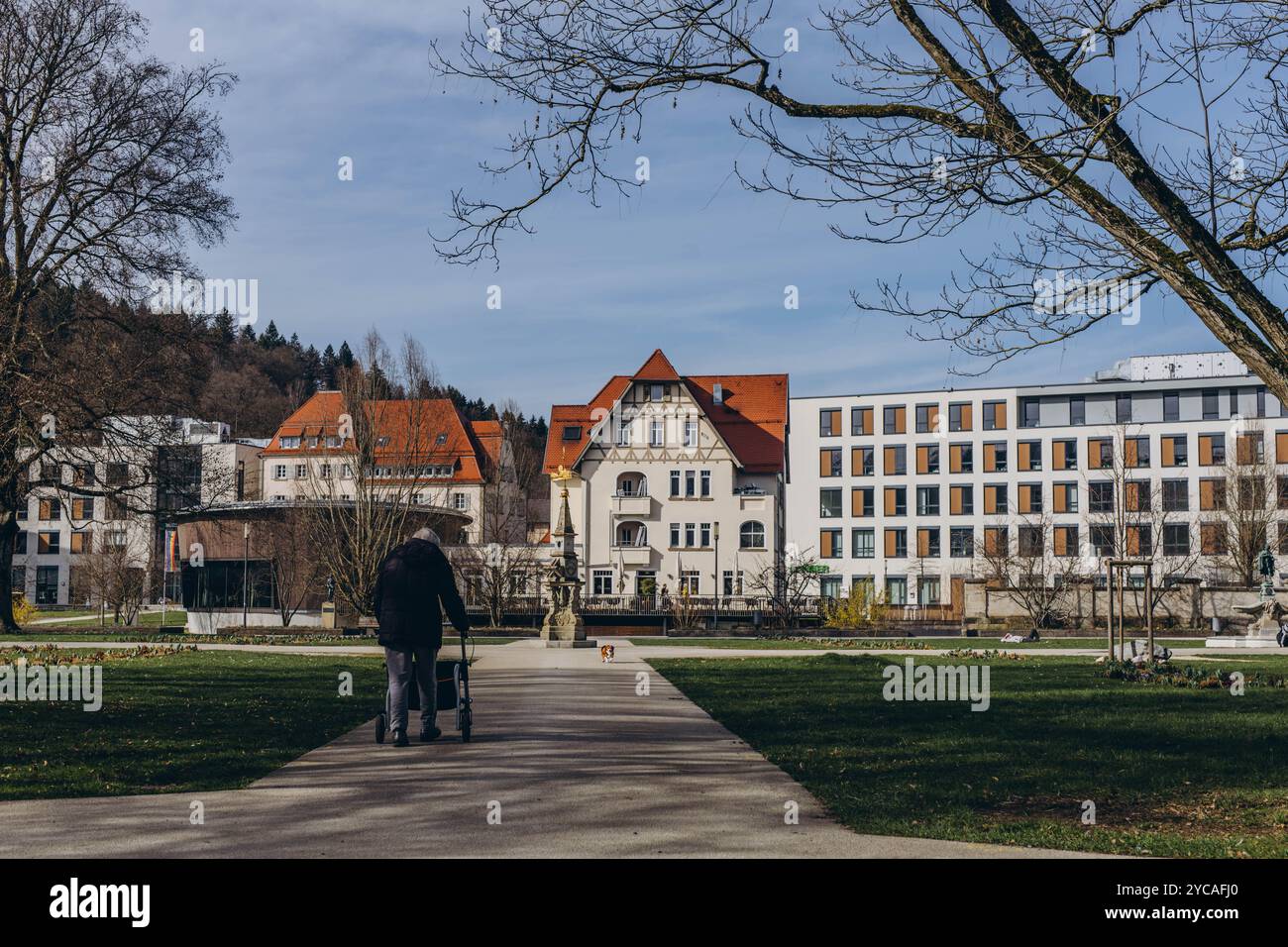 Uomo anziano con una canna da passeggio che si gode una tranquilla passeggiata nel parco. Foto di alta qualità Foto Stock