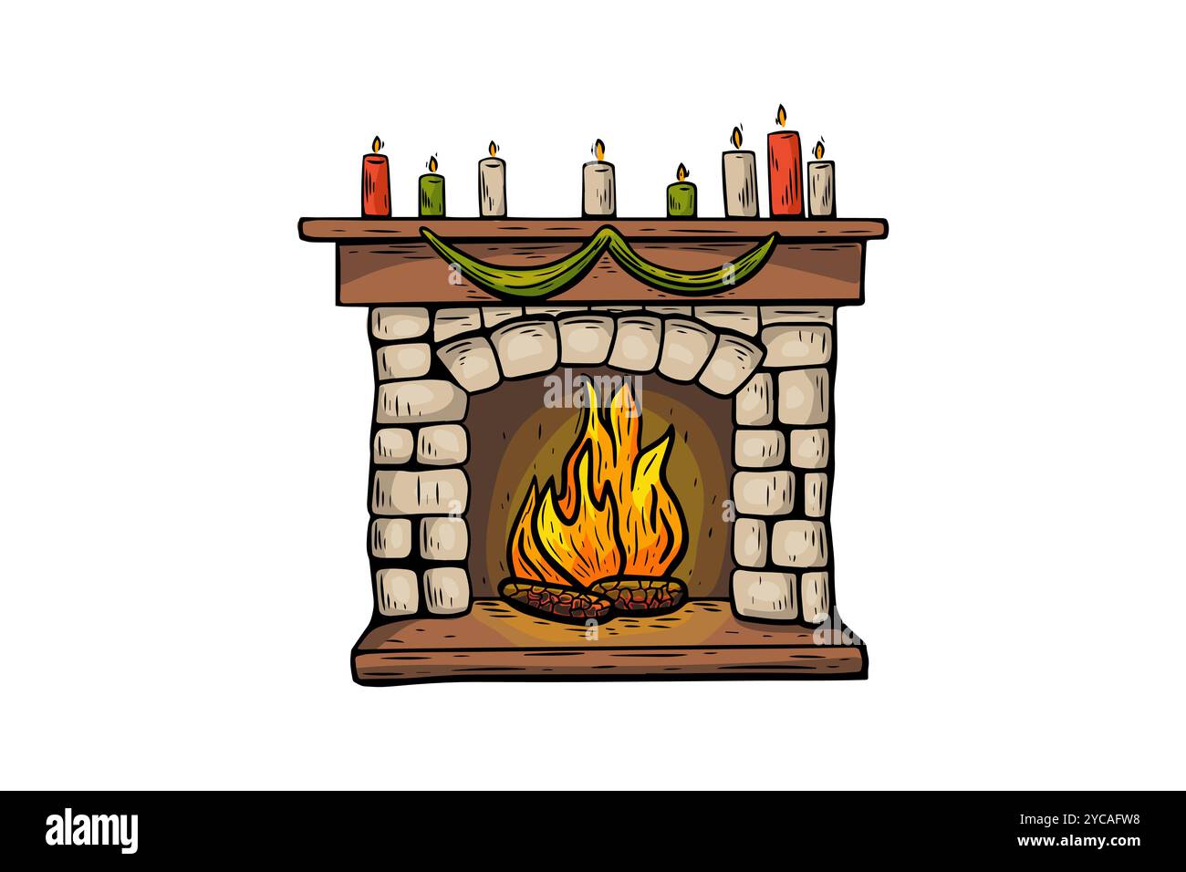 Camino di Natale in stile vintage, incisione, disegno colorato. Illustrazione Vettoriale