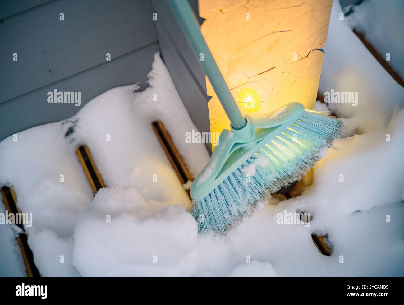 una spazzola abbandonata all'aperto e coperta di neve, luce artificiale Foto Stock