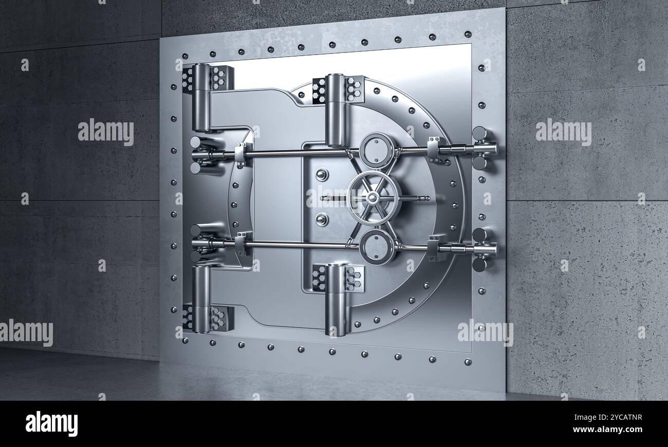 Concetto di sicurezza della porta di una banca in metallo di grandi dimensioni, sfondo 3d. Foto Stock