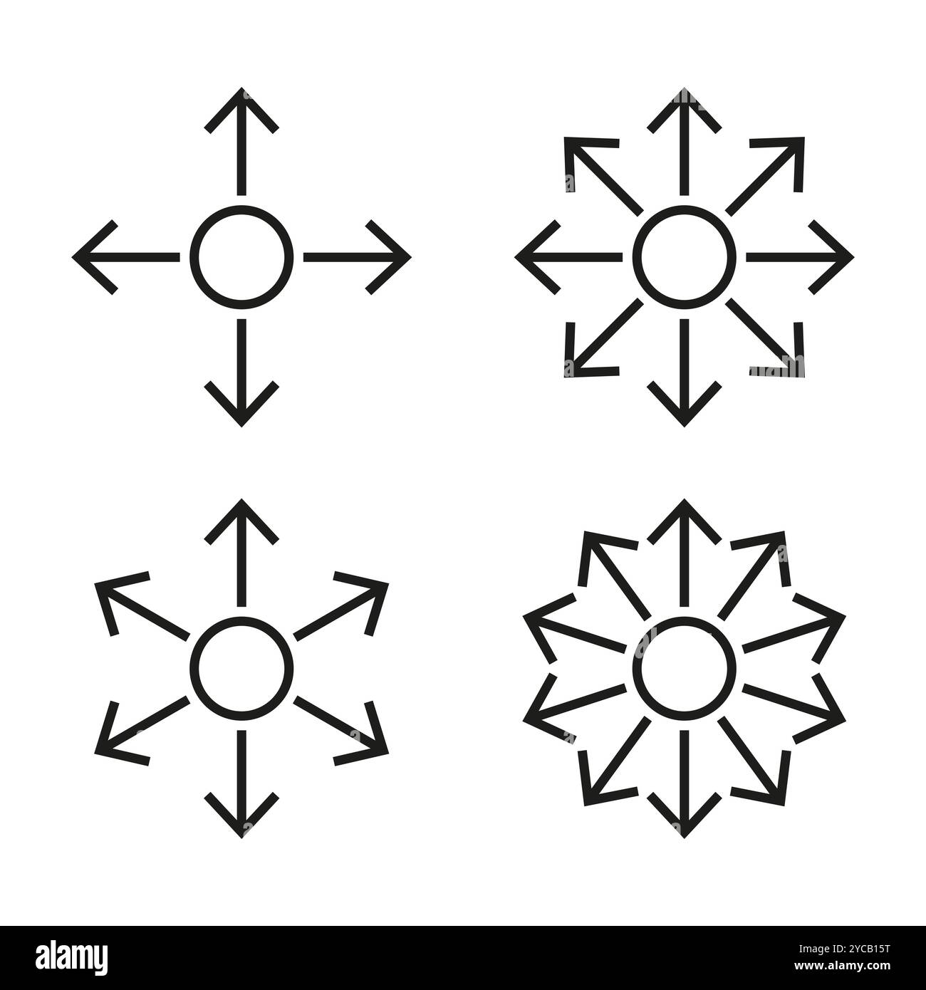 Icone di direzione impostate. Simbolo di frecce multiple. Concetto di espansione radiale. Semplici linee nere. Illustrazione Vettoriale