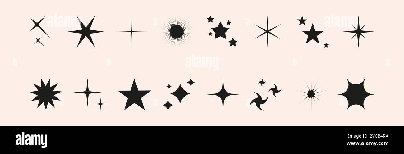 Set di luccicanti forme a forma di stella e sole. Effetti astratti di bagliore, esplosione e lampeggio per festeggiare la festa. Scintillio e flash gra Illustrazione Vettoriale