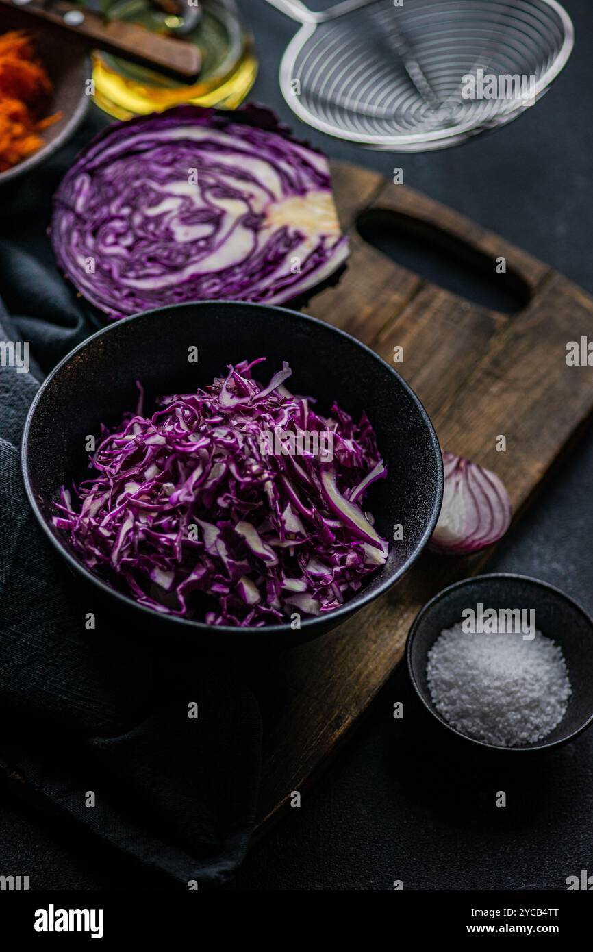 Una selezione di ingredienti per insalate fresche, tra cui cavolo rosso tritato, cipolla rossa a fette, carote tritate, olio d'oliva e sale marino, disposti su una w buia Foto Stock