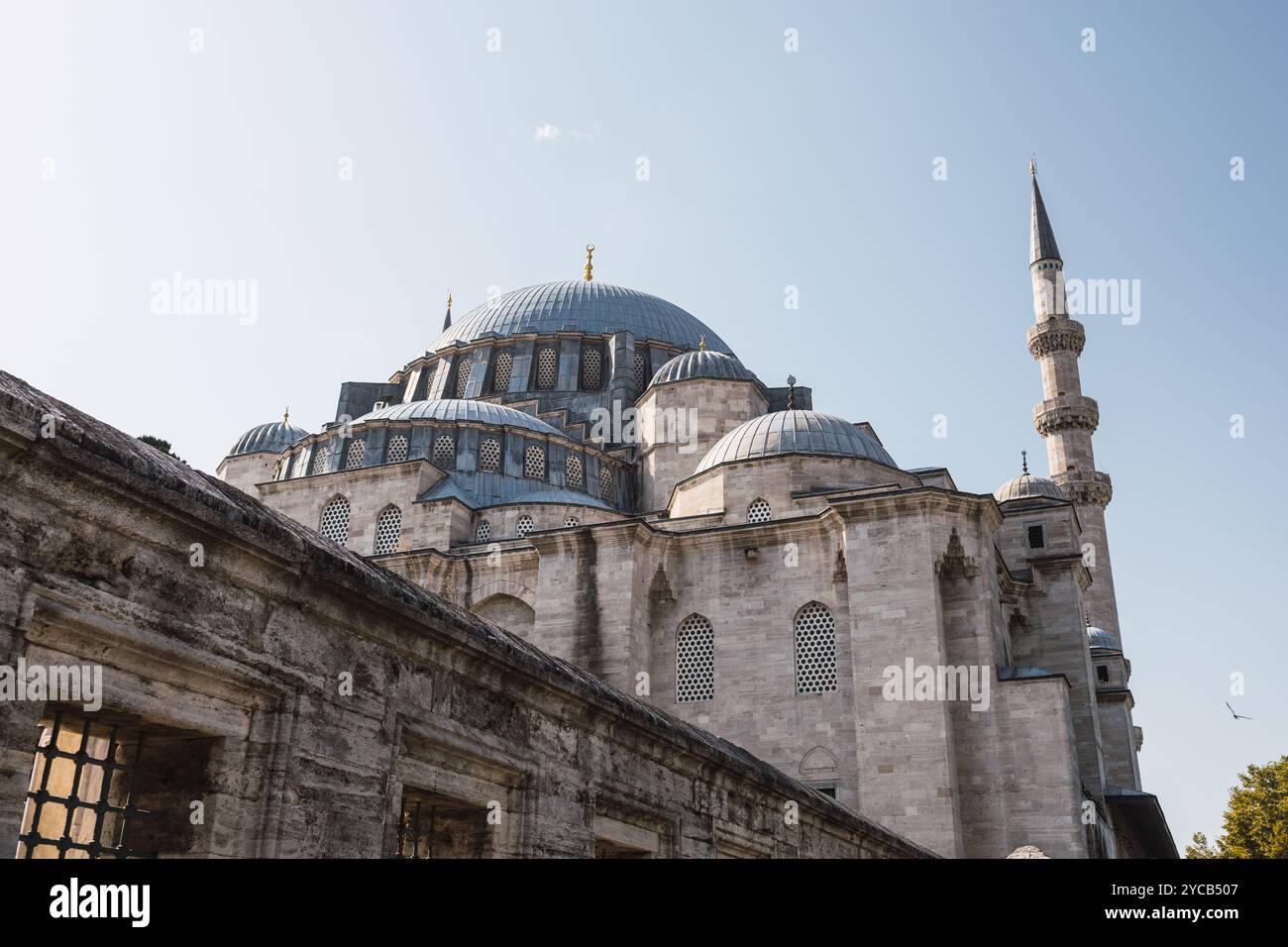 Una vista suggestiva della grande Moschea Solimana sotto il cielo azzurro di Istanbul. L'intricata facciata della moschea e i torreggianti minareti si distinguono tra loro Foto Stock