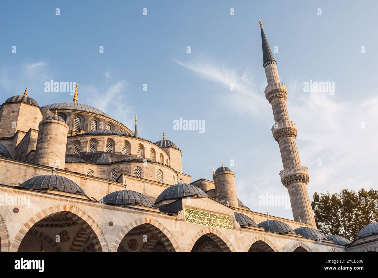 Una vibrante cattura della Moschea Blu sotto il cielo limpido di Istanbul, con le sue grandi cupole e i minareti svettanti. Foto Stock
