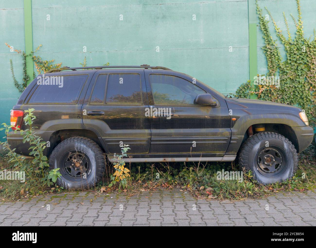 SUV Dusty abbandonato con vegetazione troppo estesa Foto Stock