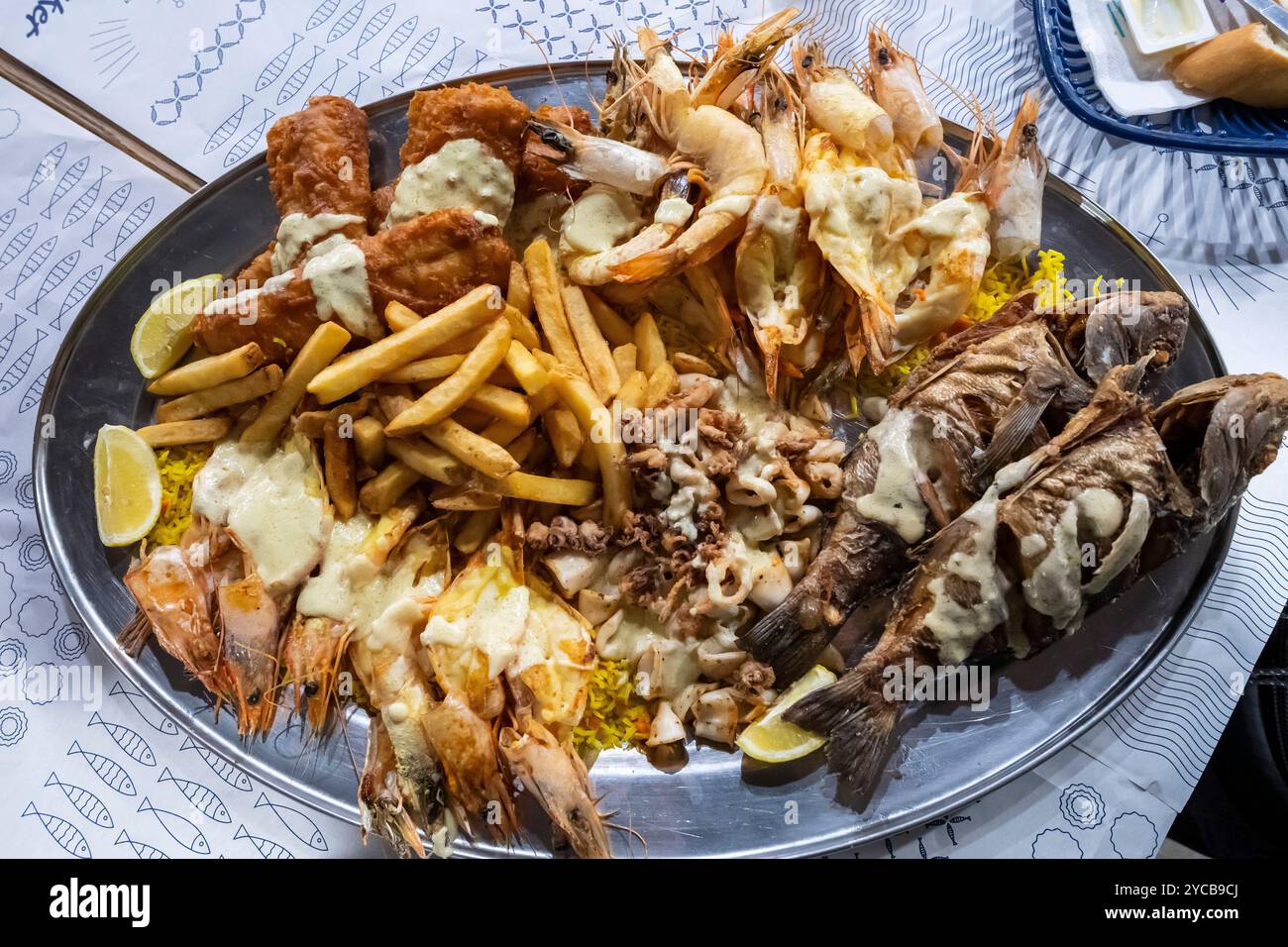 Piatto di pesce, piatto di pesce, Port Louis, Oceano Indiano, isola, Mauritius, Africa, Seafood Platte, Meeresfrüchteplatte, indischer Ozean, Insel., AF Foto Stock