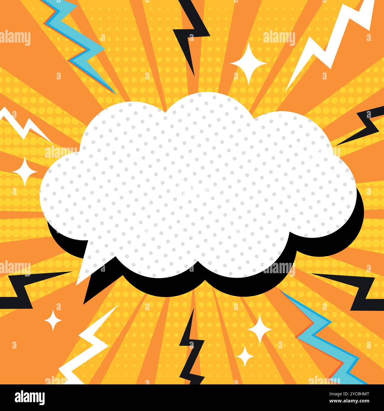 Fumetto vuoto in stile pop art. Sfondo luminoso decorato con punti, stelle e fulmini. Illustrazione vettoriale Illustrazione Vettoriale