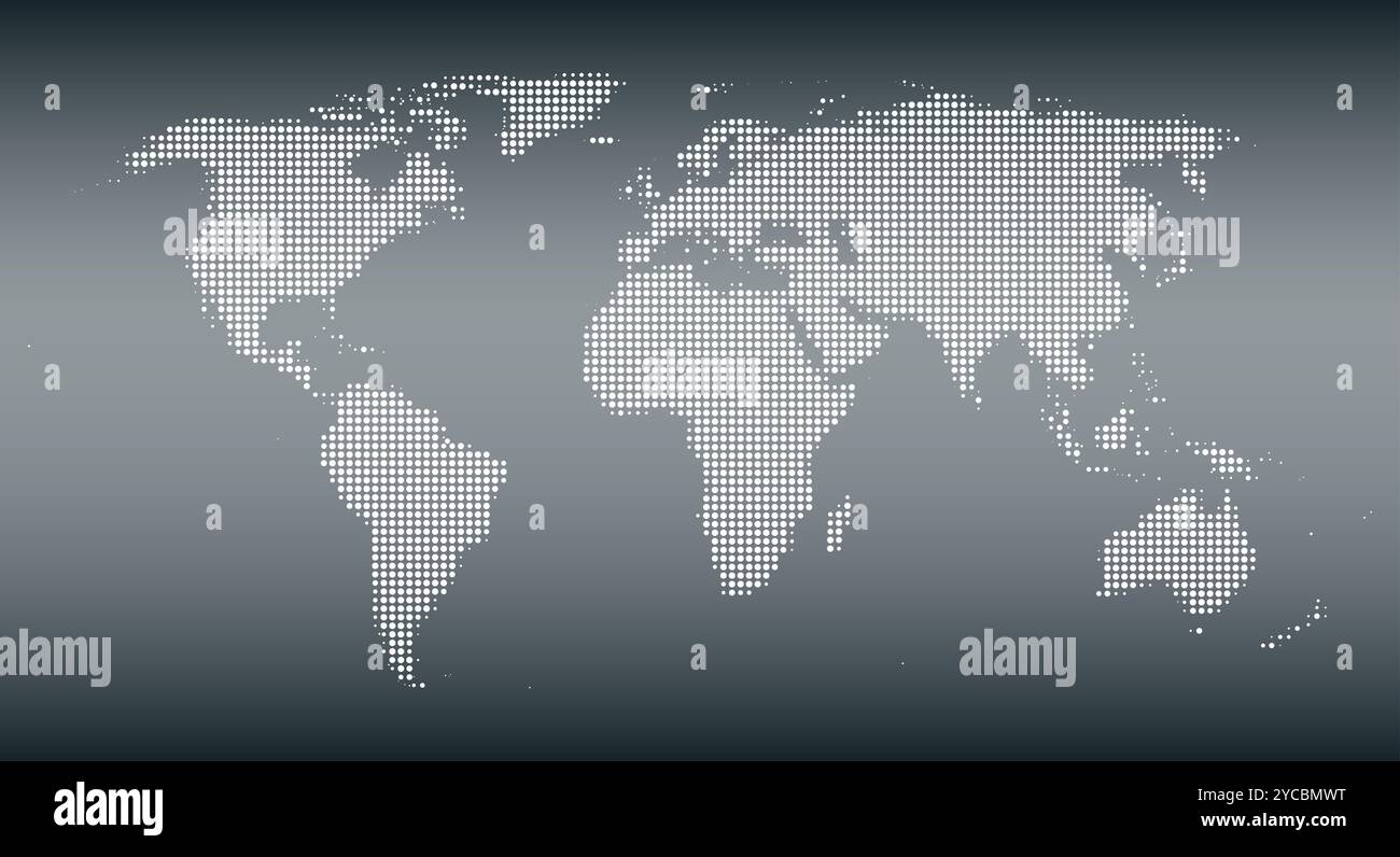 Silhouette del mondo con punti bianchi mezzitoni, di dimensioni e spaziature variabili, su gradiente grigio. Mappa del mondo tranne l'Antartide. Foto Stock