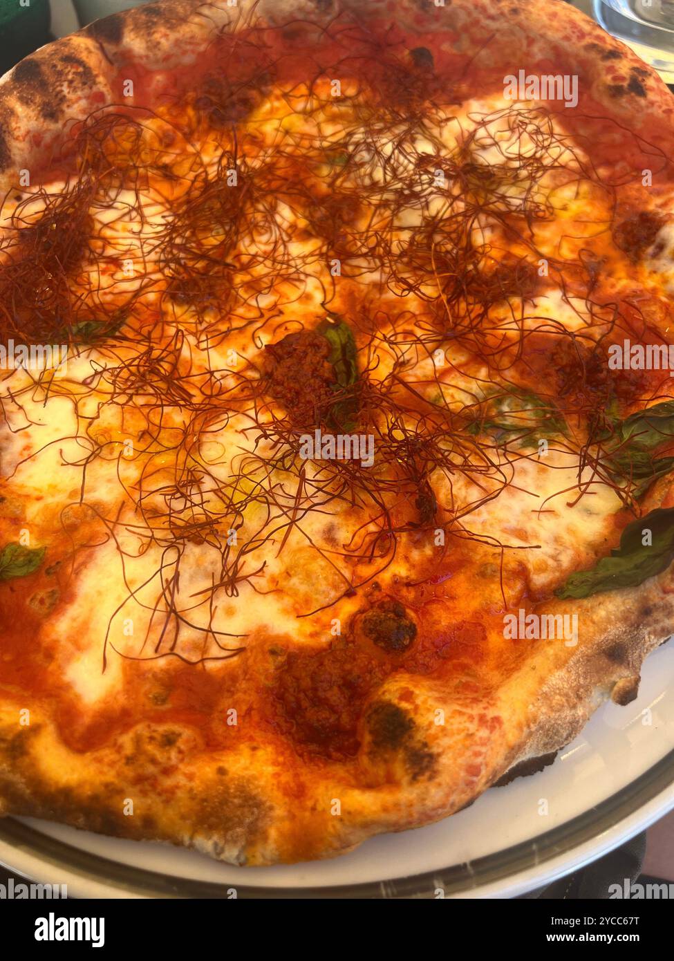 Pizza Diavola cotta nel forno a legna in stile napoletano con mozzarella fresca, salame piccante e fili di peperoncino, caratterizzata da una crosta ariosa e perfettamente bruciata Foto Stock