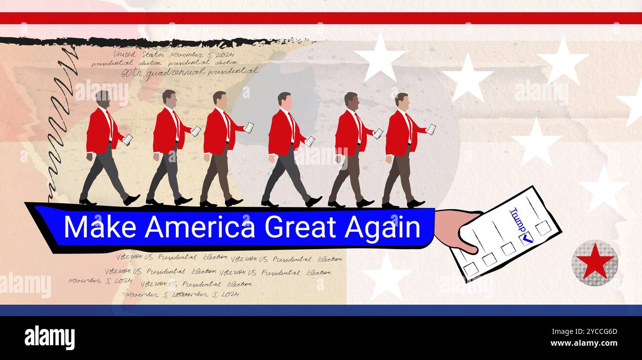 Testo dello slogan della sua campagna elettorale Make America Great Again . Illustrazione delle elezioni presidenziali americane del 2024. Formato grande. Foto Stock