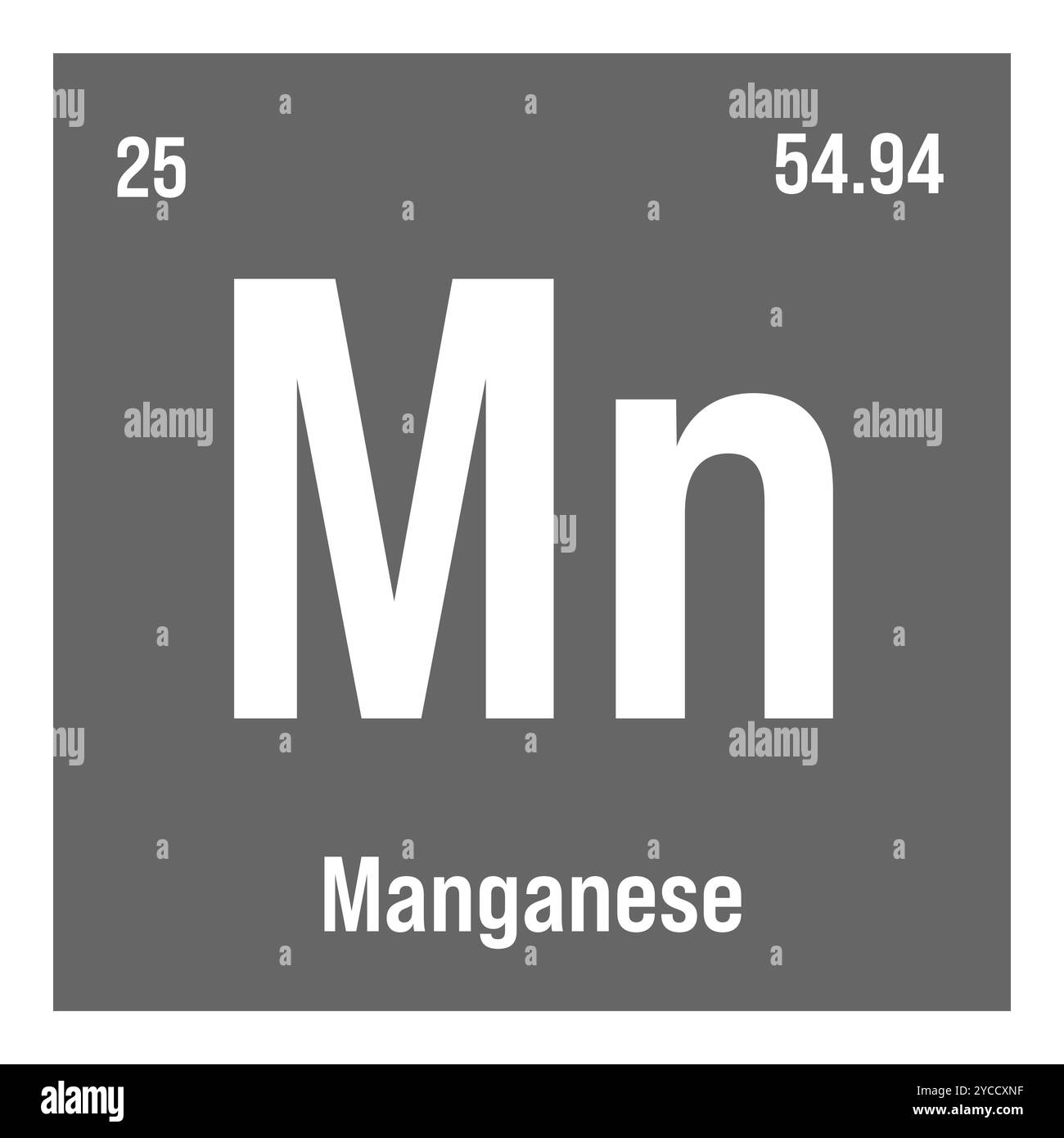 Manganese, Mn, elemento periodico della tabella con nome, simbolo, numero atomico e peso. Metallo di transizione con vari usi industriali, come nella produzione di acciaio, batterie, e come catalizzatore in determinate reazioni chimiche. Illustrazione Vettoriale