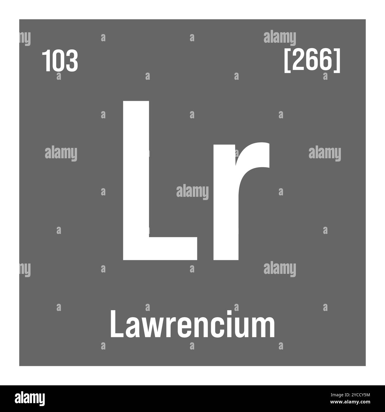 Lawrencium, LR, elemento tavola periodico con nome, simbolo, numero atomico e peso. Elemento radioattivo sintetico con potenziali impieghi nella ricerca scientifica e nell'energia nucleare. Illustrazione Vettoriale